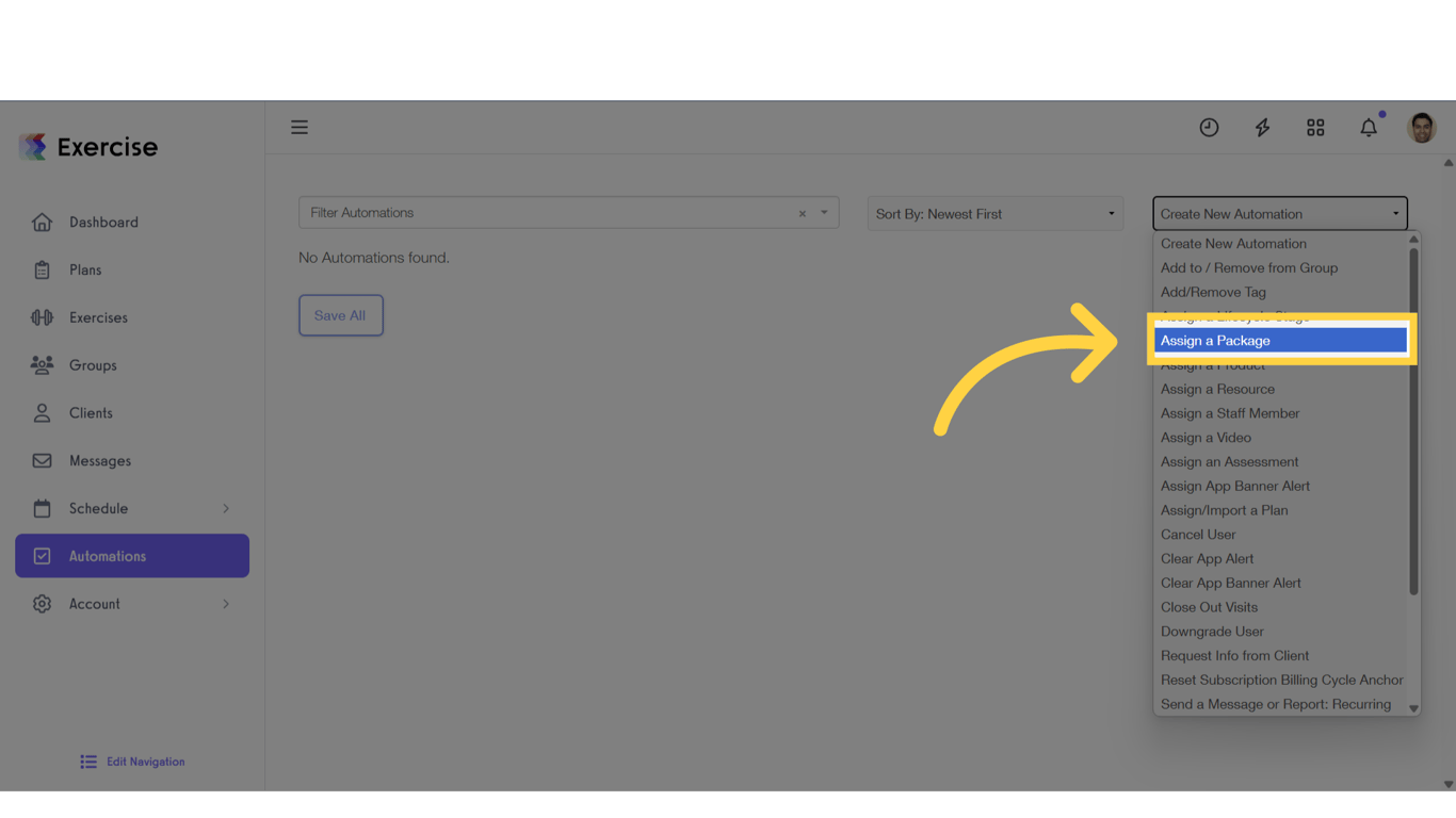 Select “Assign a Package” from the Create New Automations drop-down list.