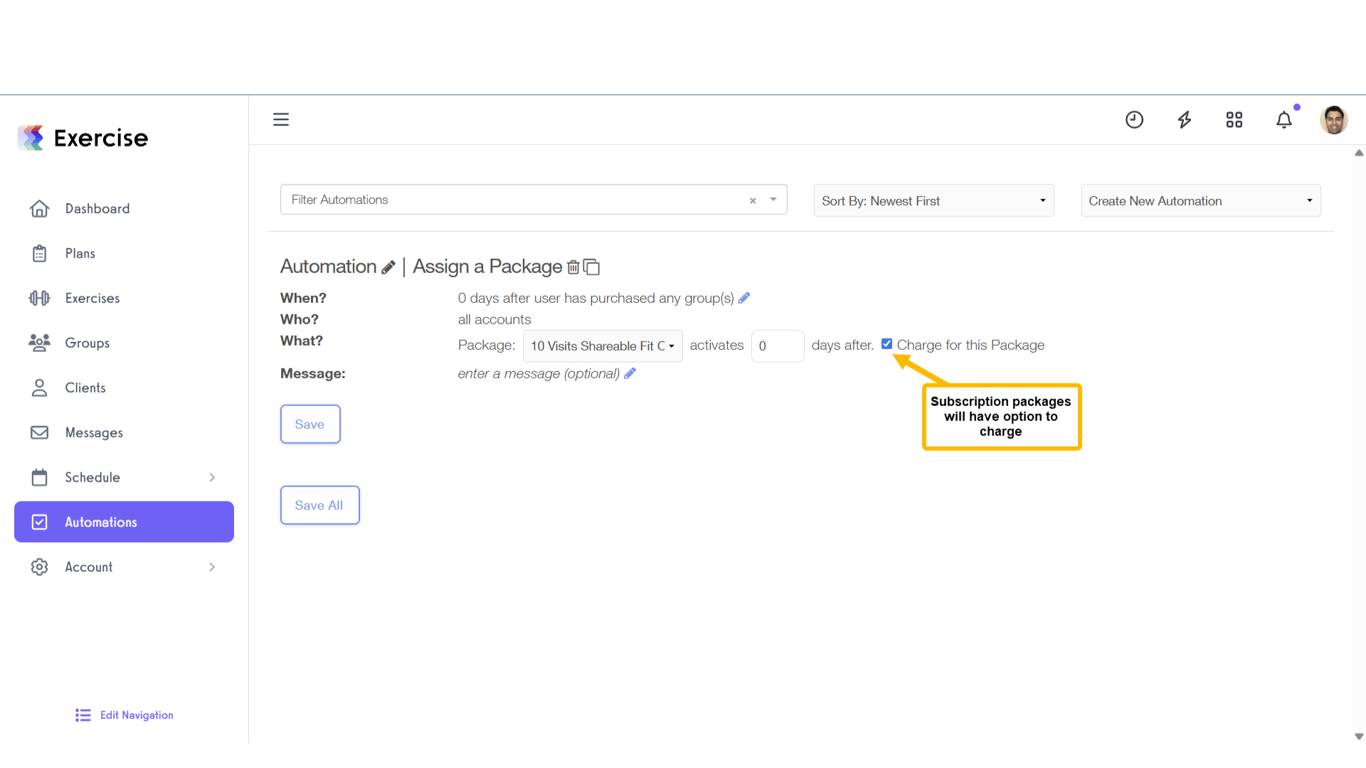 If the package is charged, check the “Charge this Subscription Package” box.