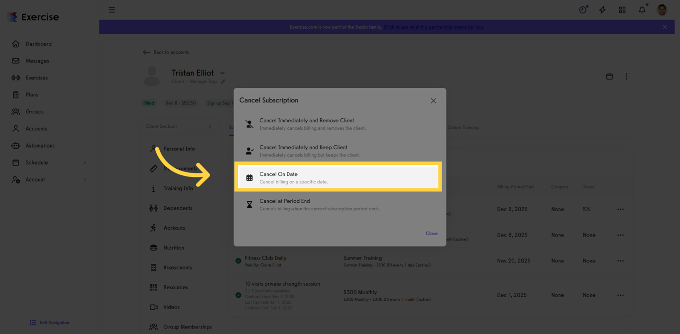 Choose the cancel billing on a specific date option
