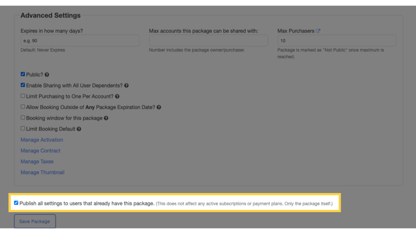 Publish all settings to users that already have this package.
