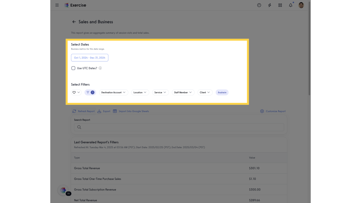 Set your dates and other filters for your report.