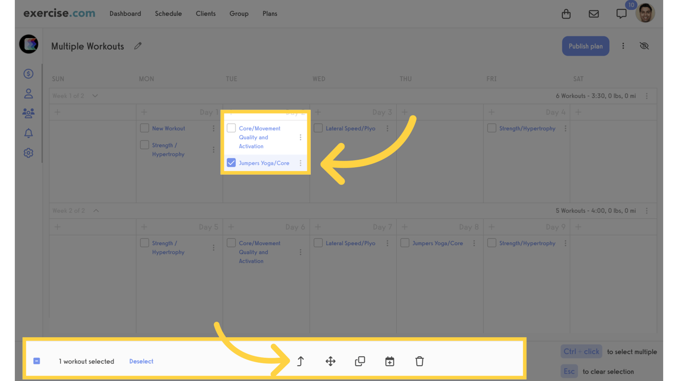 Select a Workout then click the up arrow to “Send to top of day” the selected workout.