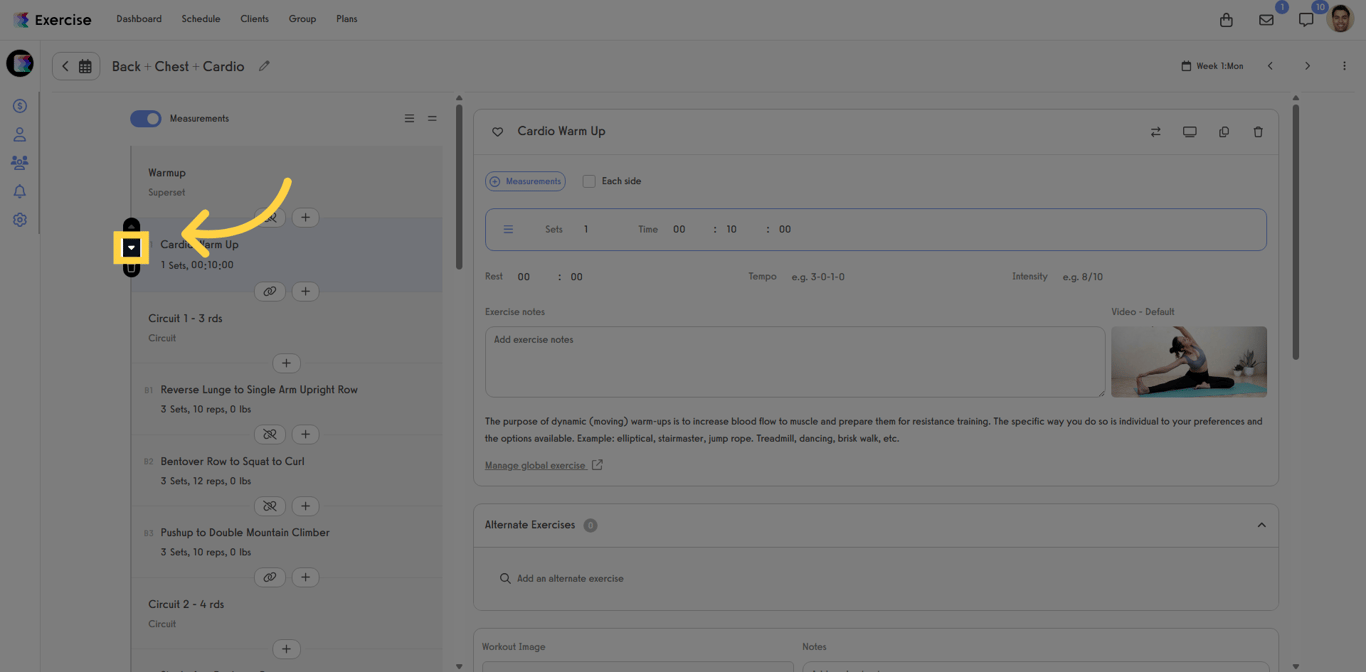 Use the up and down arrows to rearrange an exercise in the workout plan