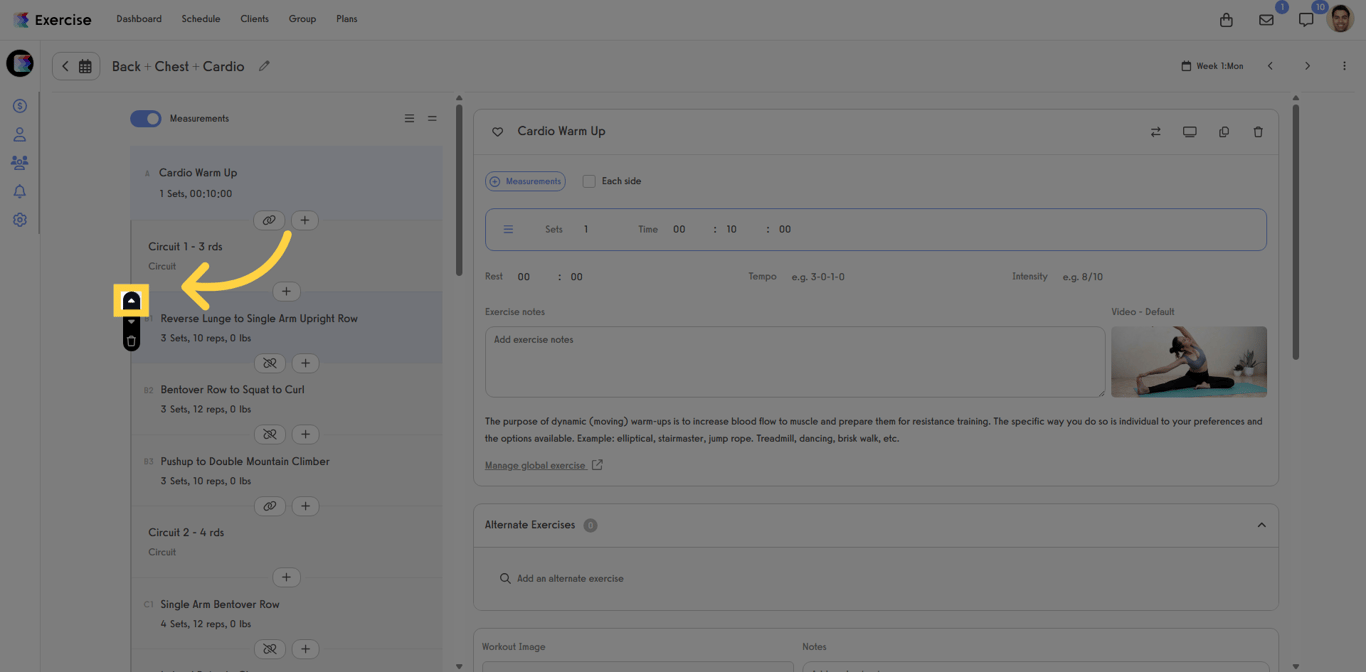 Adjust the position of the exercise within the workout plan