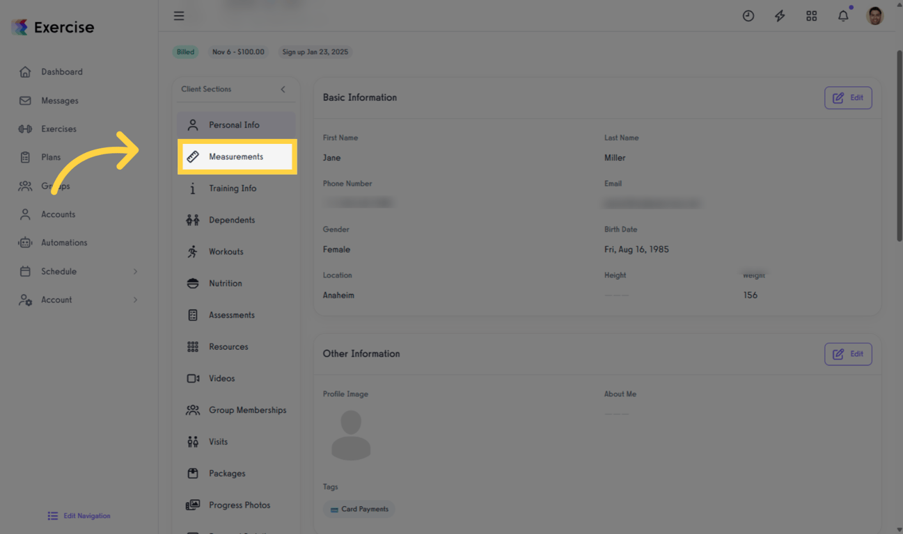 Click the Measurements tab to open the health data entry section.