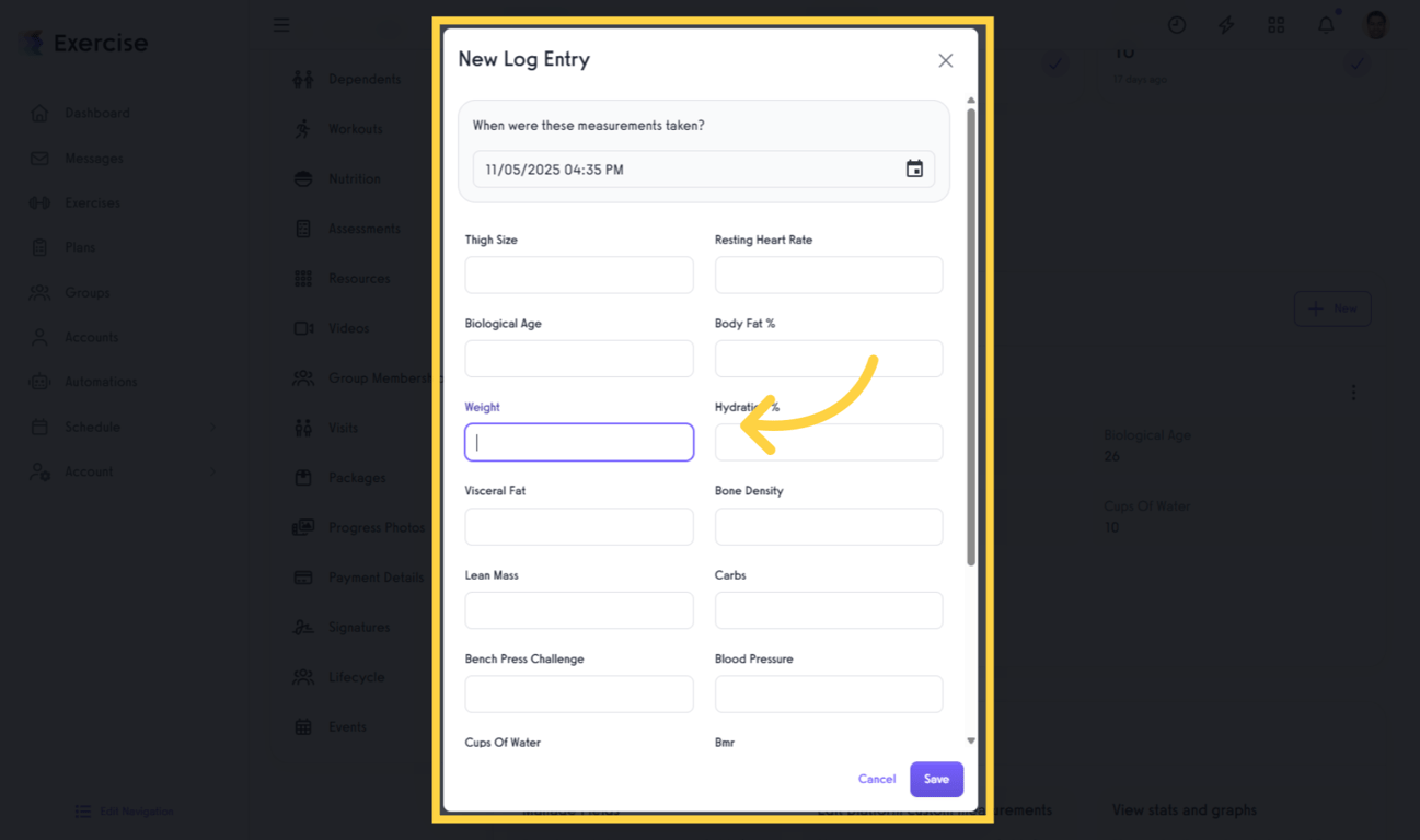 Enter the client's weight and click Save to record the data.