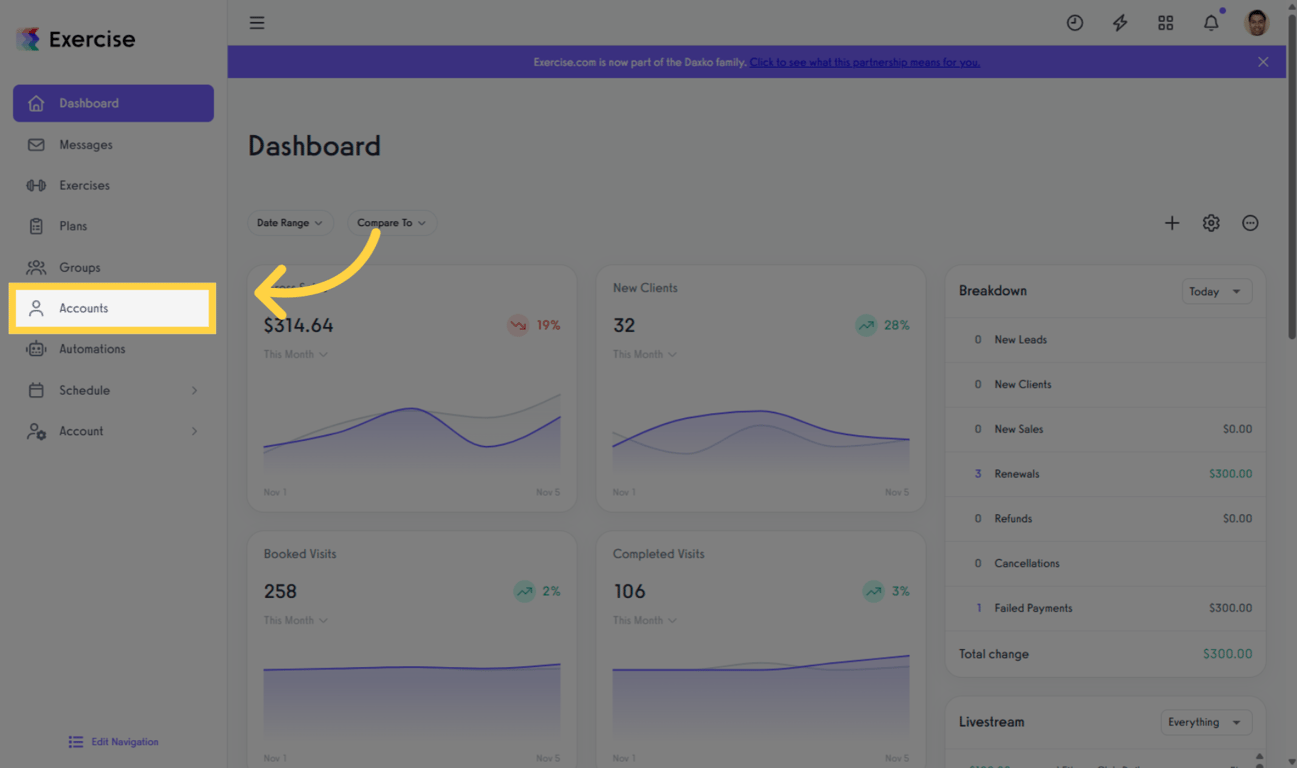 Click the Accounts tab in the left-hand menu to access client profiles.