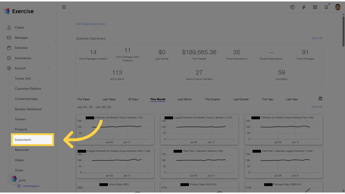 In the Account tab, click on the “Assessments” option in the left sidebar.