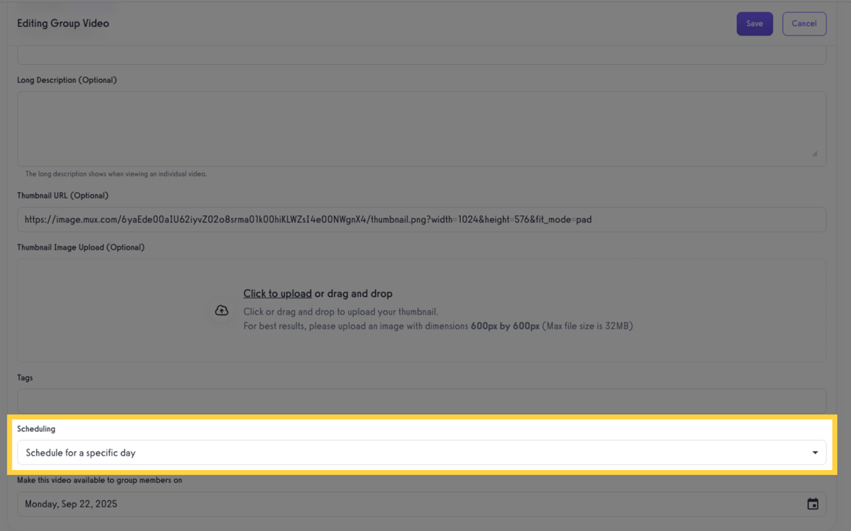 Under Scheduling, select “Schedule for a specific day”