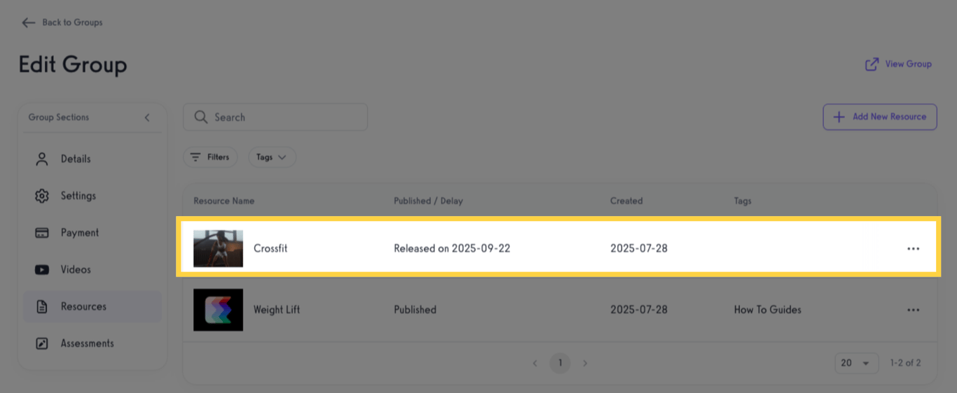 Select the resource on the list