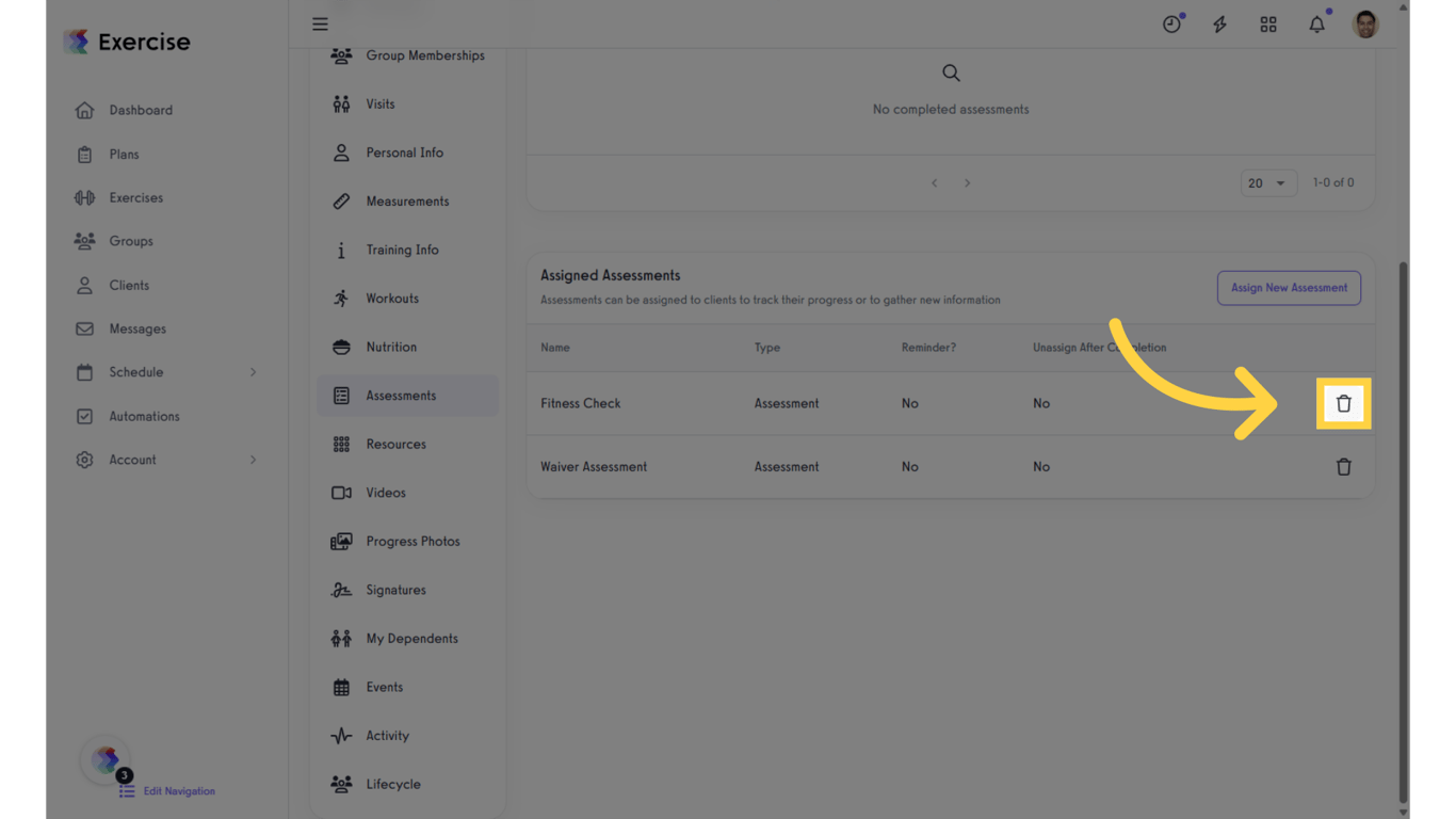 Click the 'Delete' icon next to the assigned assessment you want to remove.