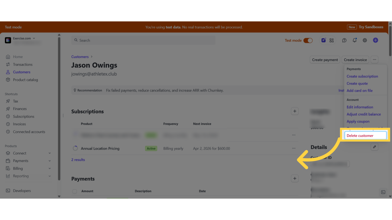 Click delete customer.