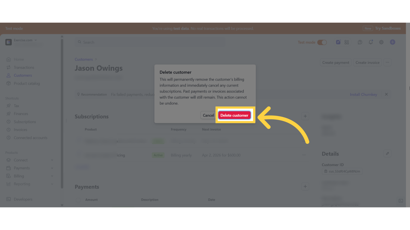 Click delete customer.