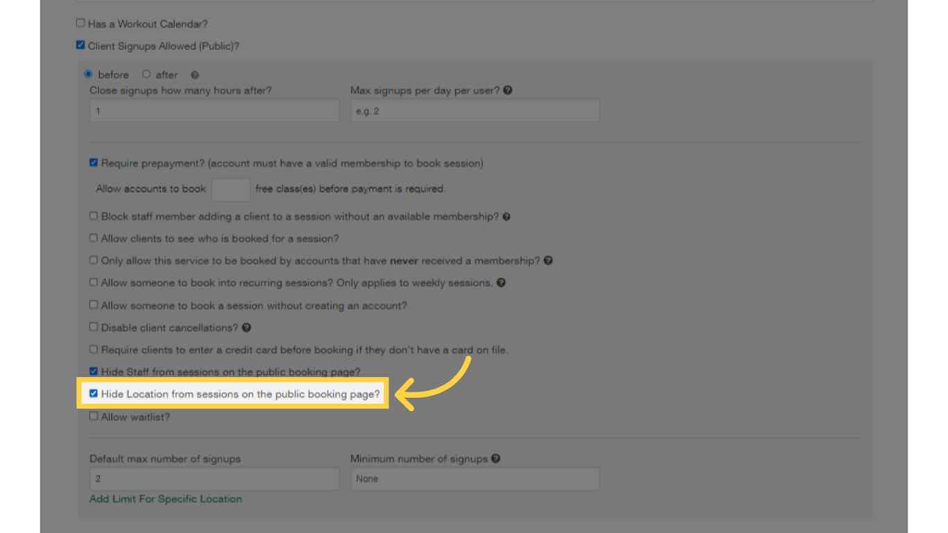 Select 'Hide Location from sessions on the public booking page?' option.