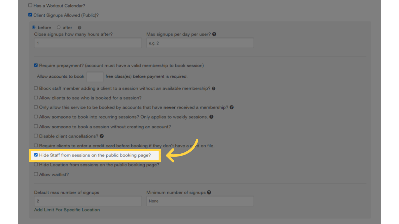 Select 'Hide Staff from sessions on the public booking page?' option.