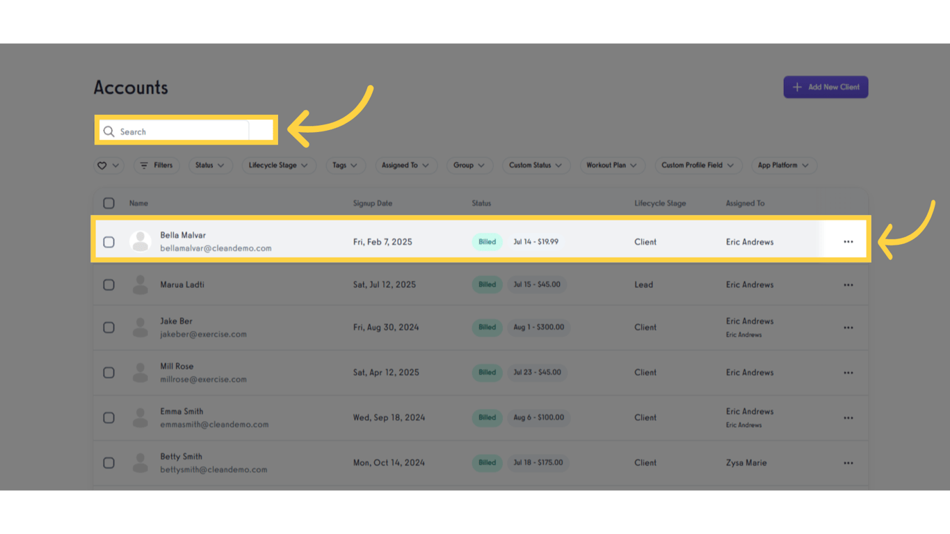 Search for or select the client whose workout you want to delete.