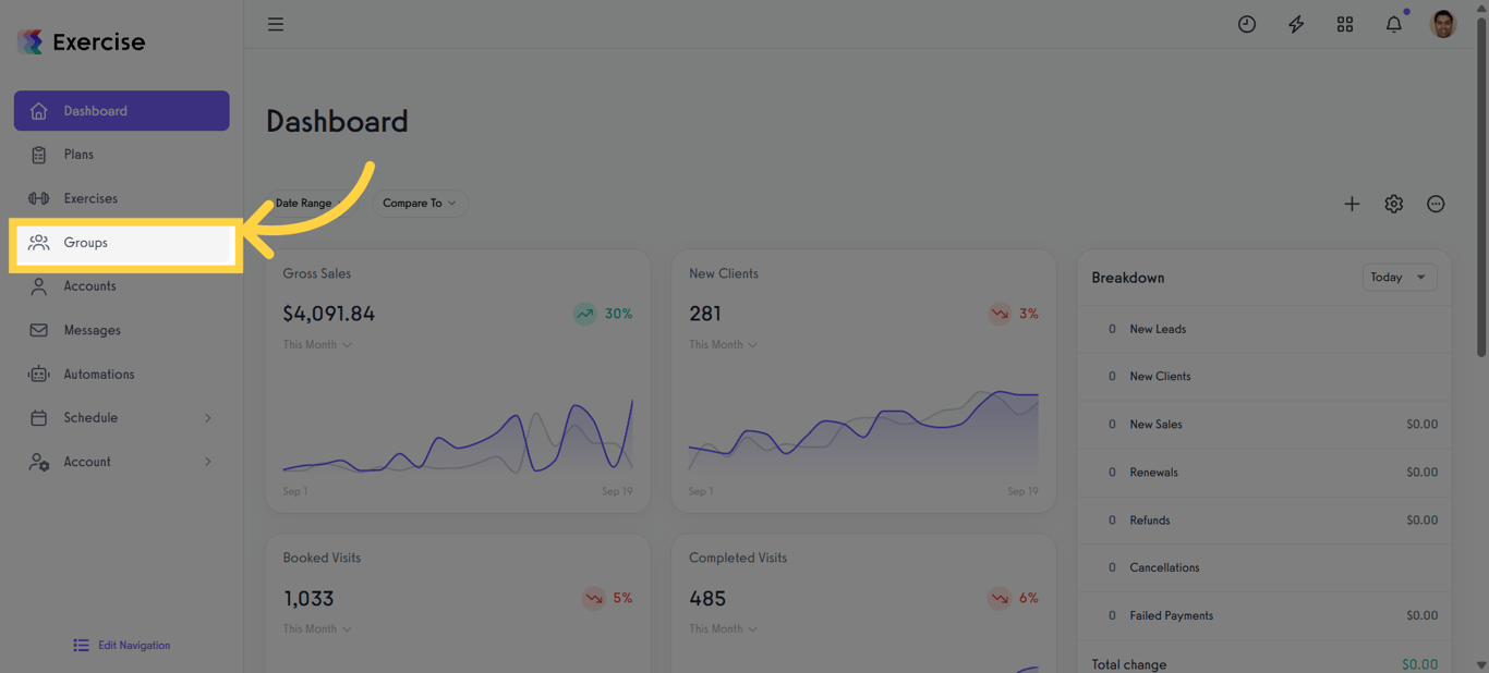 Click 'Groups' in the dashboard menu to access group activities.