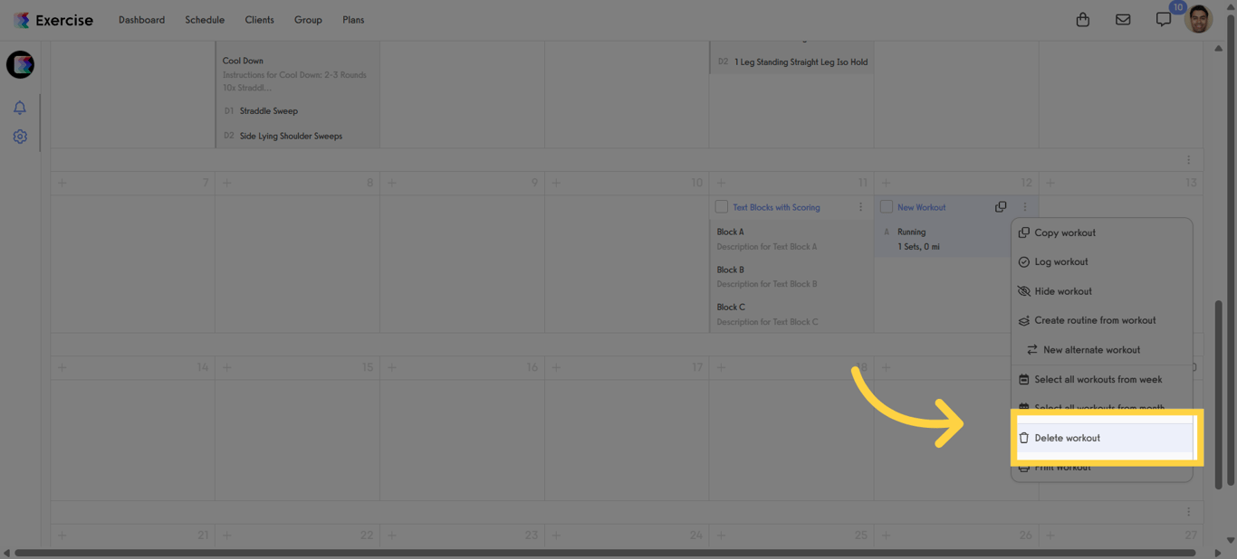 Click 'Delete Workout' to remove the workout from the calendar.