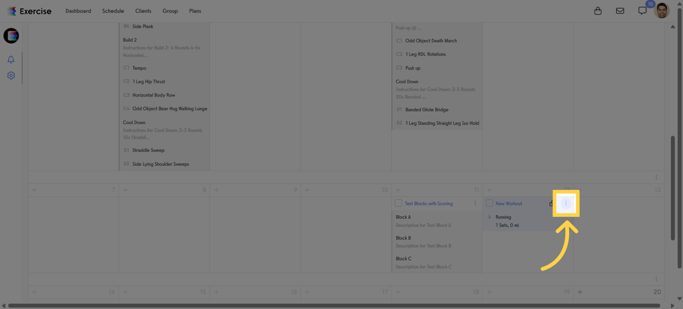 Use the calendar three-dot menu to manage specific workouts.