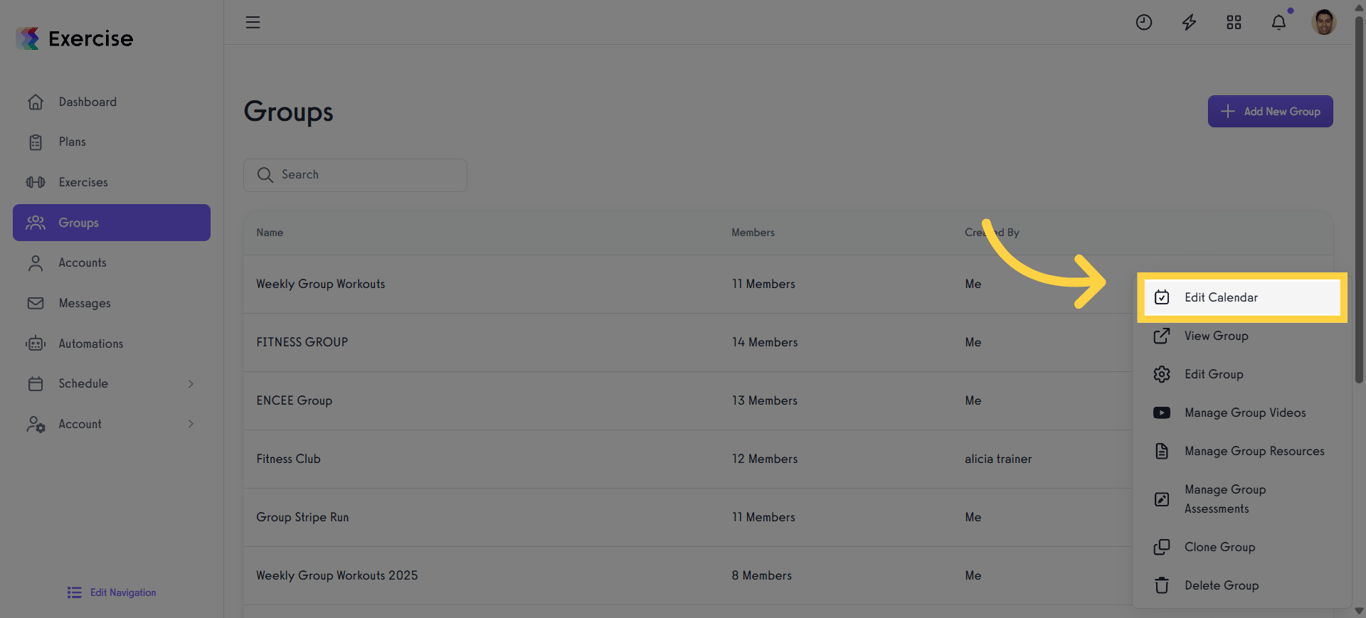 Select 'Edit Calendar' to modify the group calendar.