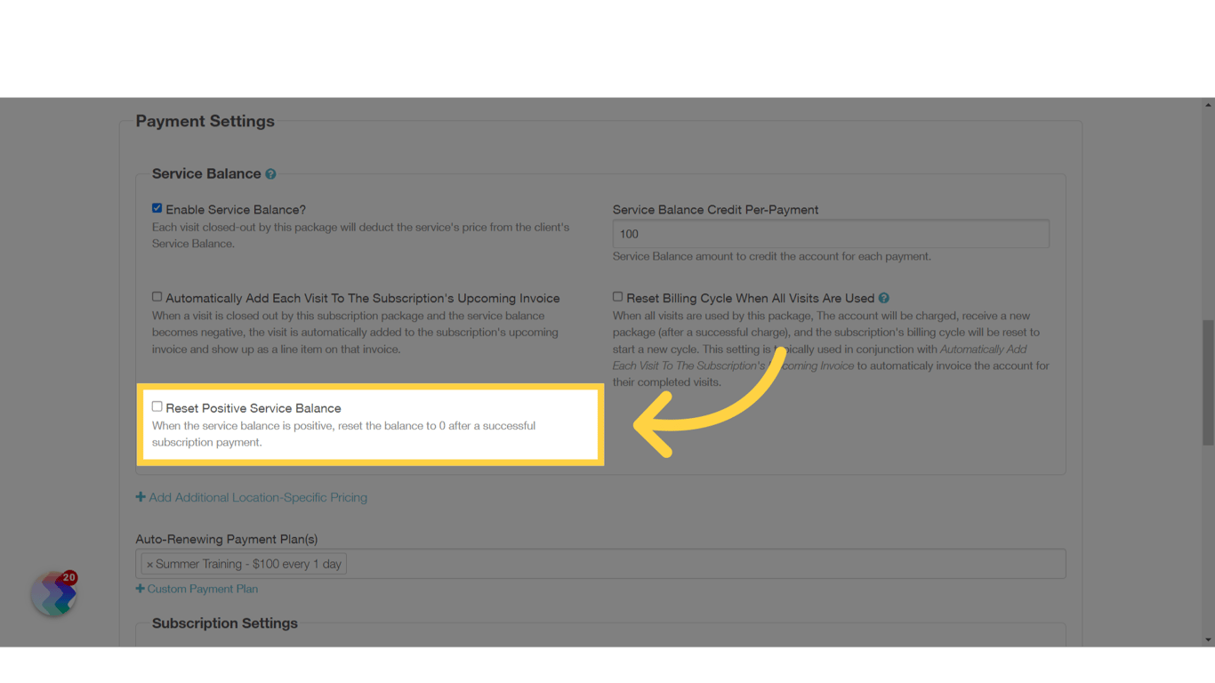 Enable Reset Positive Service Balance