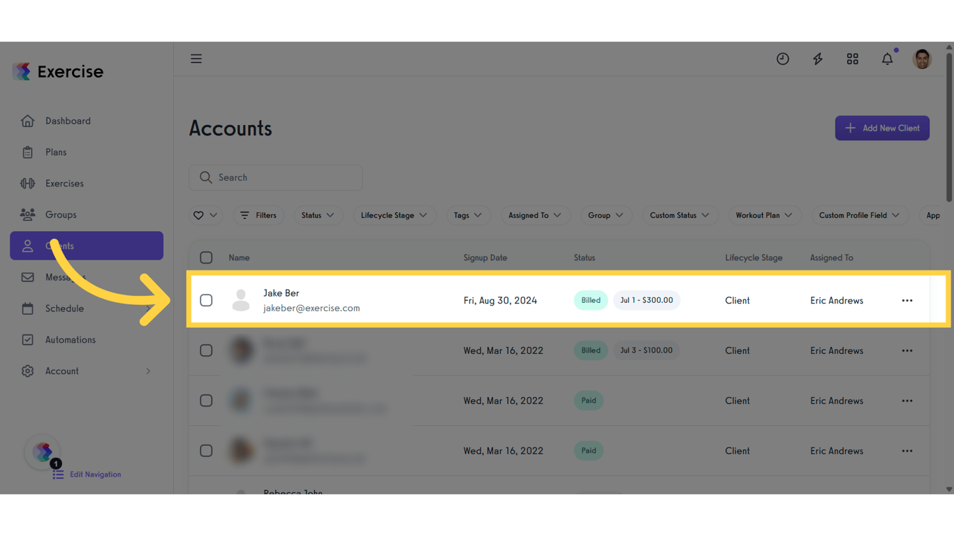 Select a client from the client list.