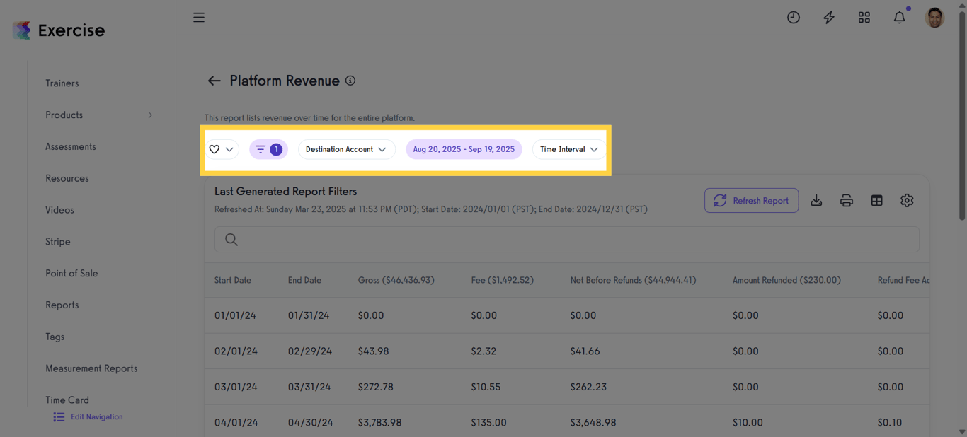 Set Filters for Platform Revenue Report