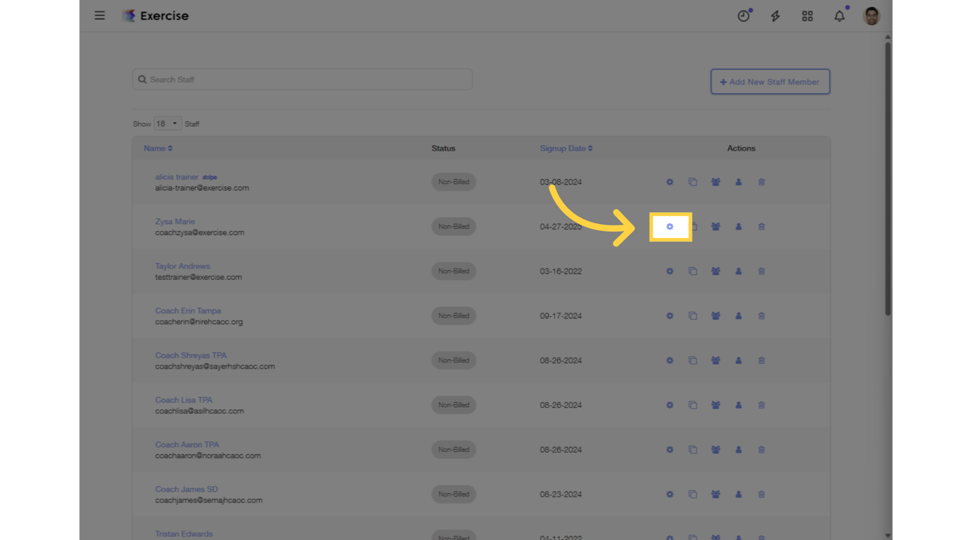 Click the gear icon next to the trainer you want to manage.