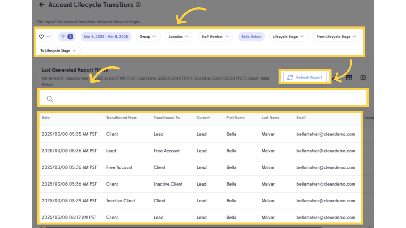 Use the filter option then click 'Refresh Report'.