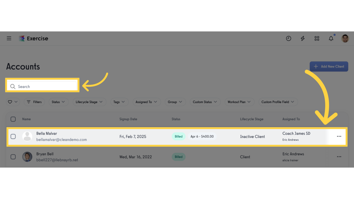 Search or select specific client.