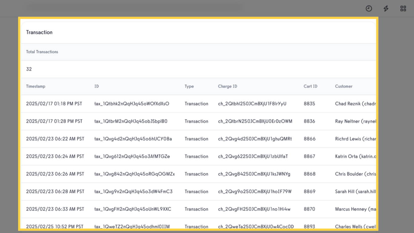 Review the Transactions table to see where transactions were completed with sales tax applied.