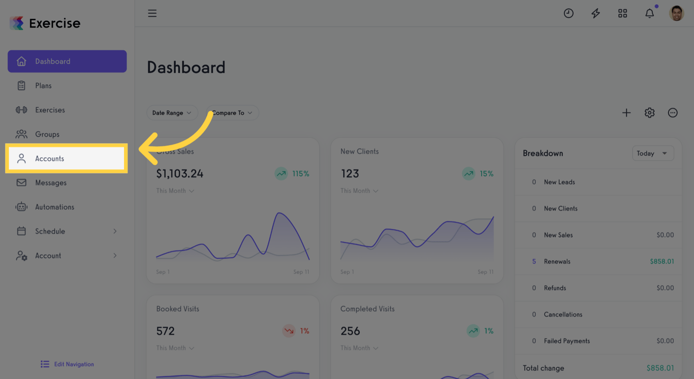 Accounts menu option on the dashboard