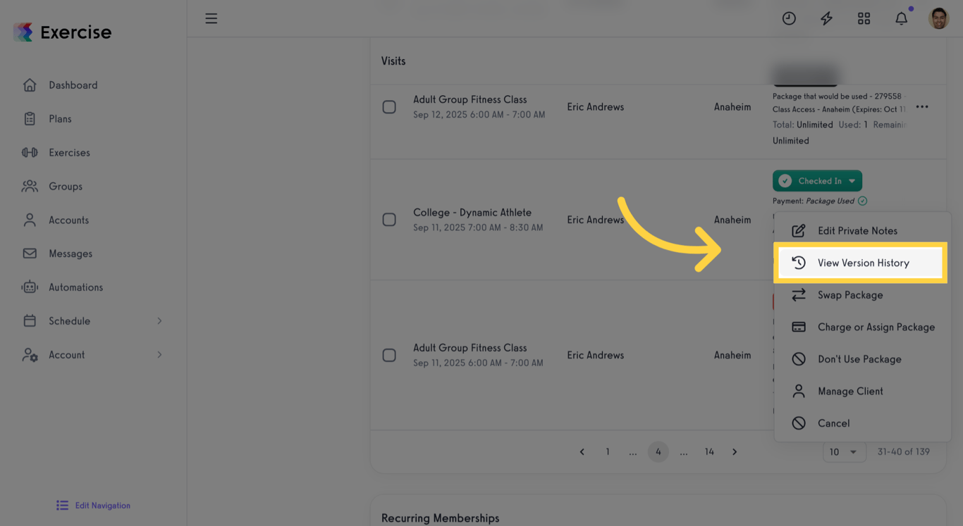 View Version History option in visit menu