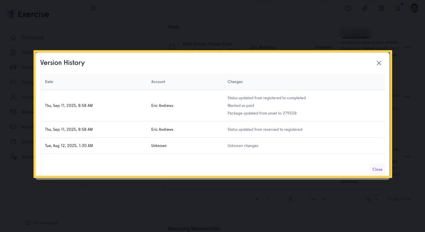 Version history details for a client visit