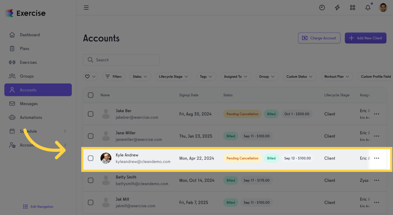 Selecting a client from the accounts list