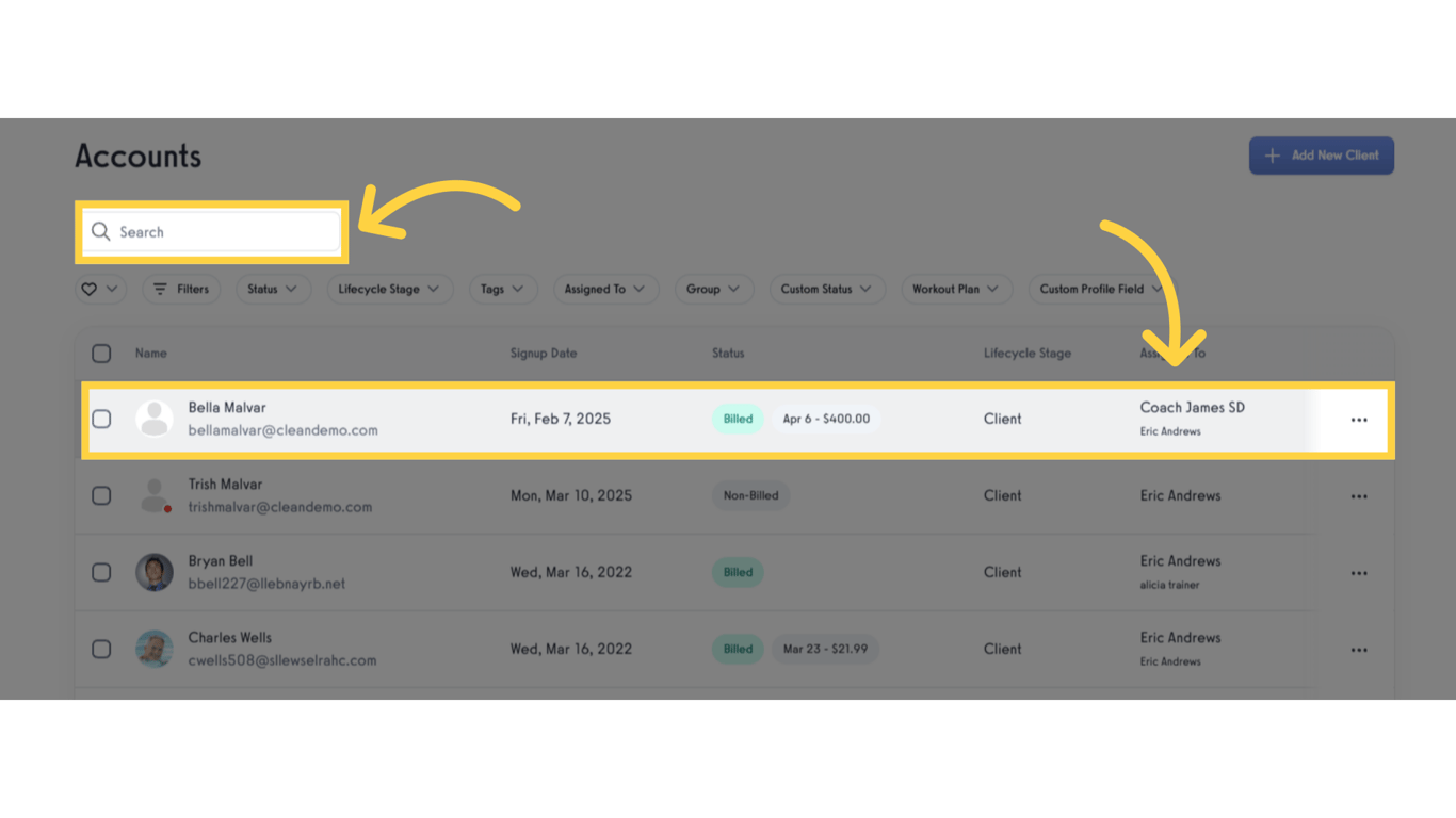 Search or select specific client.
