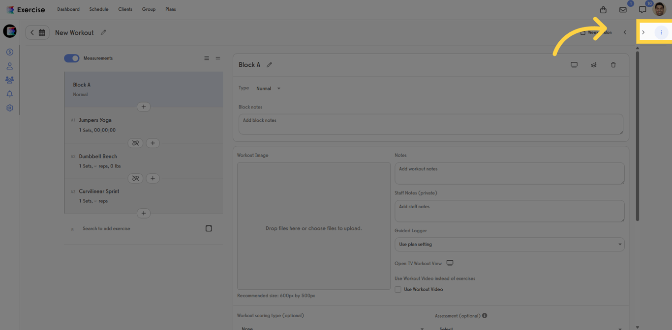 Screenshot of workout options menu.