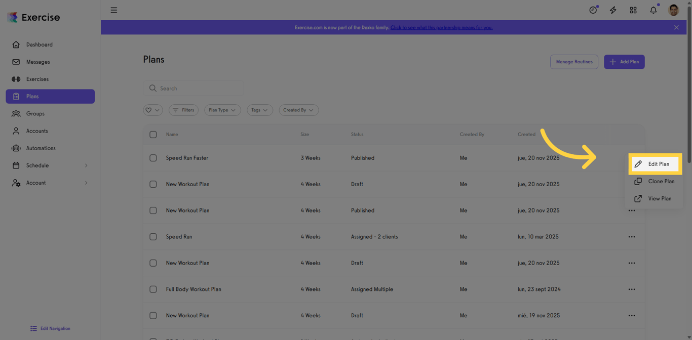 Screenshot of options menu in a workout plan.