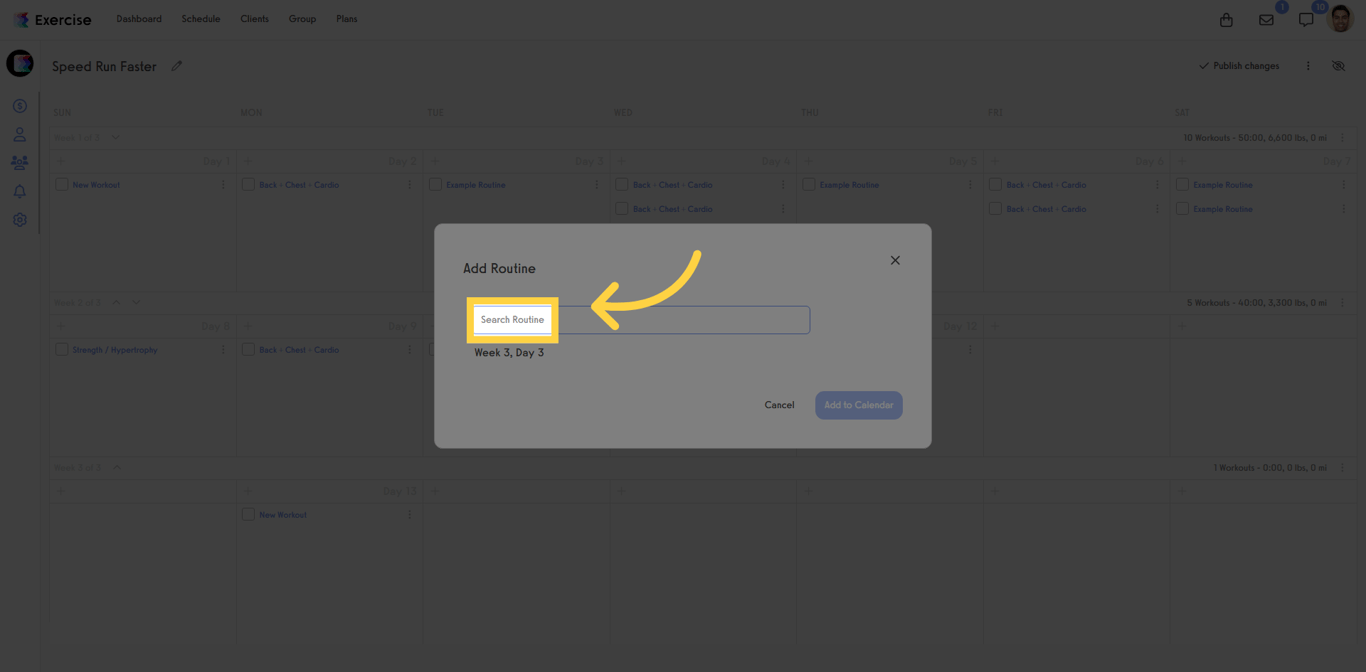 Screenshot of routine search bar.