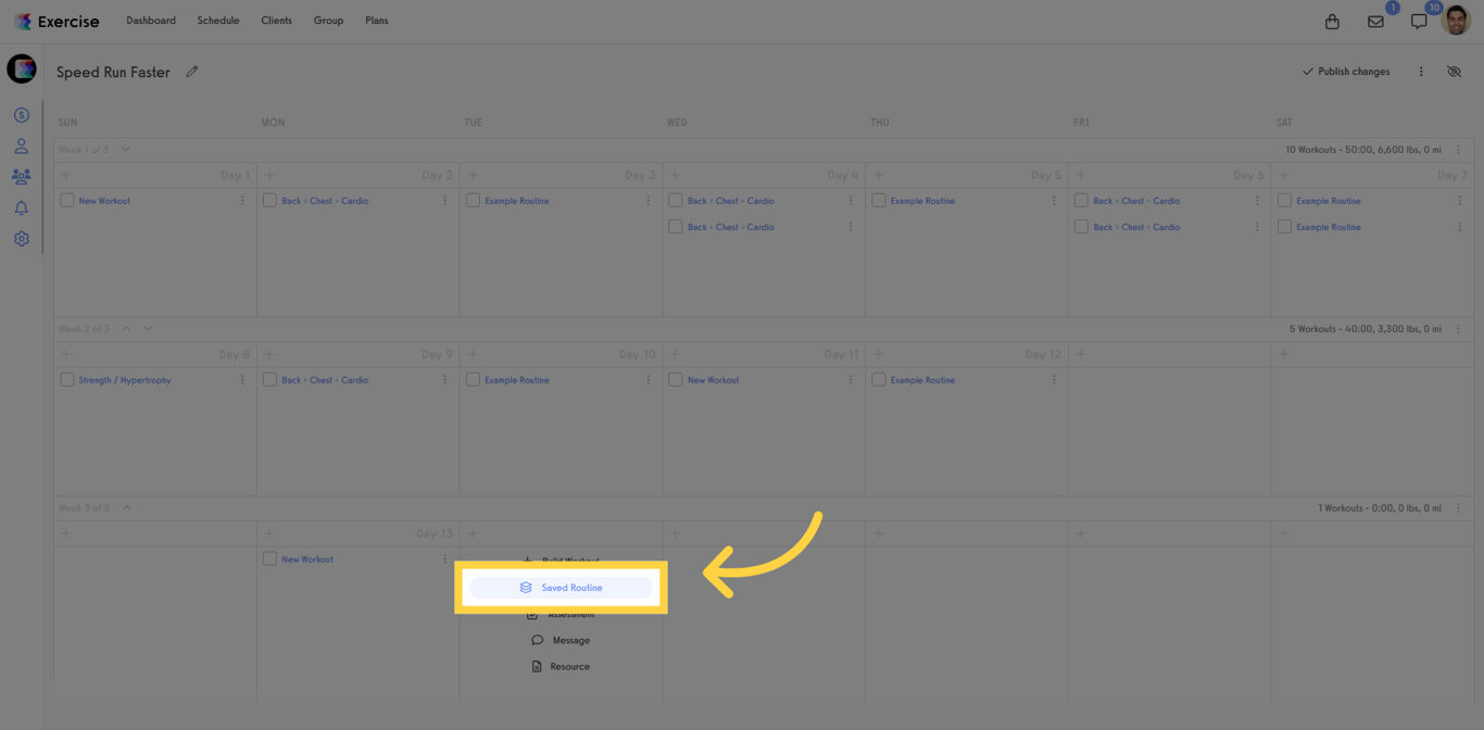 Screenshot of saved routine list.