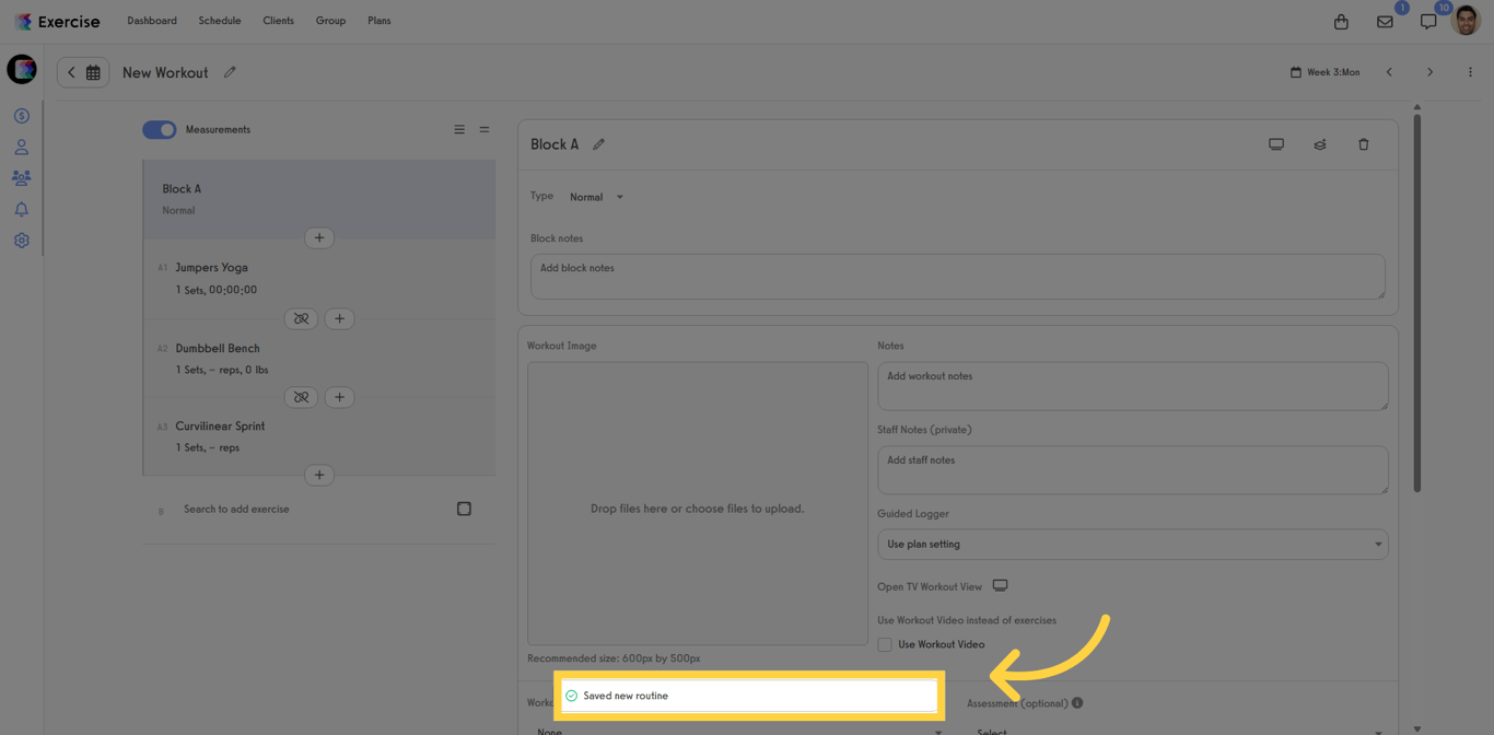 Screenshot confirming routine was saved.