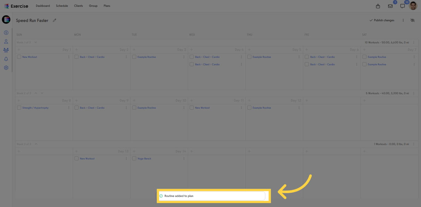 Screenshot confirming routine added to calendar.