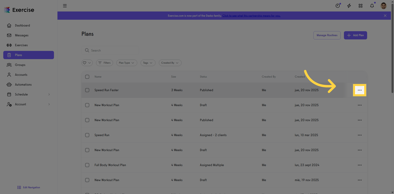 Screenshot showing how to open a workout plan.