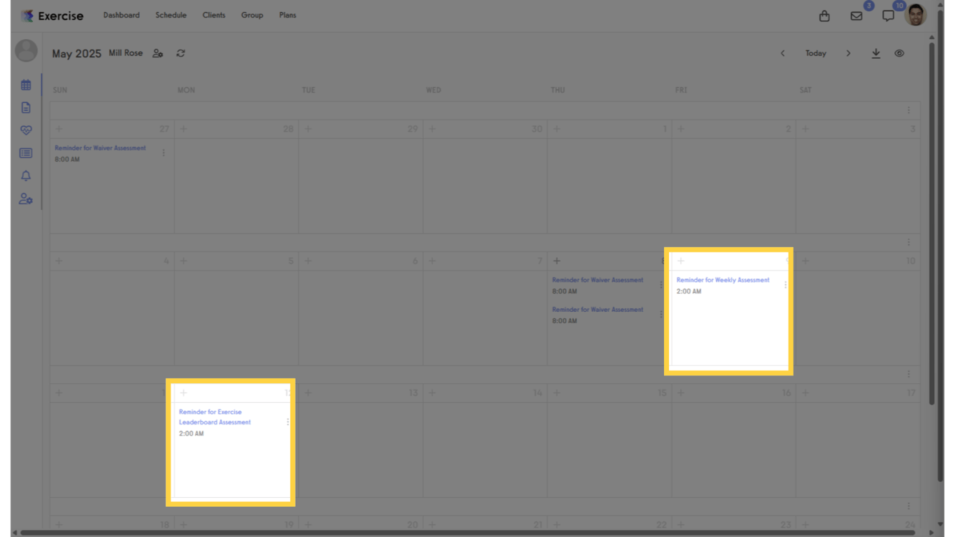 View the assessments on the client calendar.