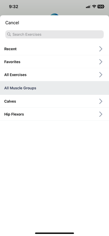 Search Exercises screen in app