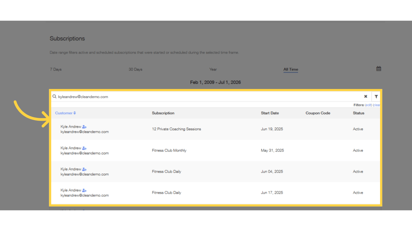 Able to search purchasers email.