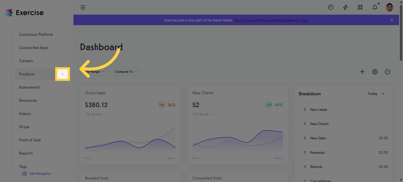 Click the Arrow Menu Next to the Products Tab