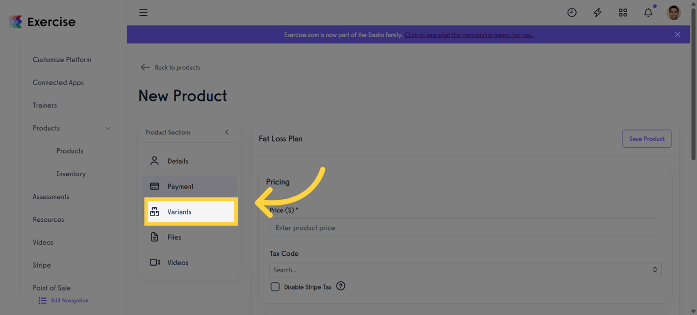 Open the Product Variants Tab