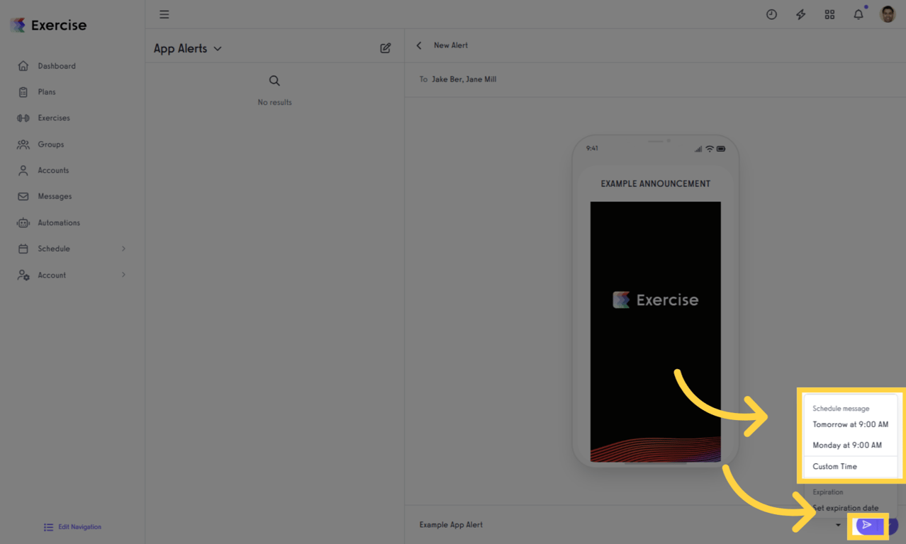 Send the App Alert immediately or schedule it.