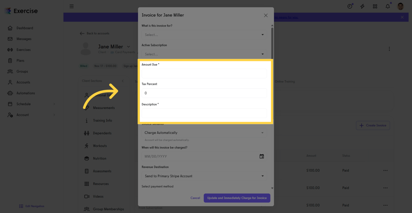 Set Invoice Amount, Taxes, and Description